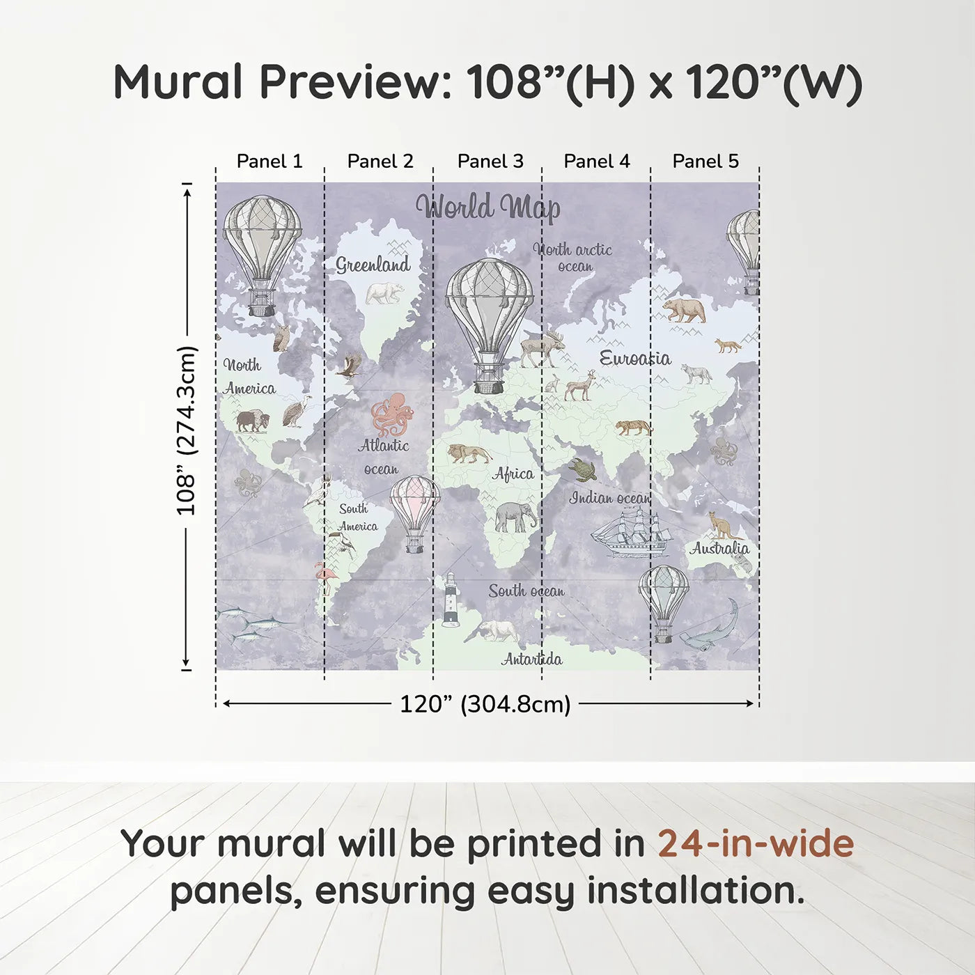 Whimsy Tots Vintage World Map Wall Mural in Graydimension view (108" H x 120" W). Printed in five 24-inch-wide panels. Gender-Neutral