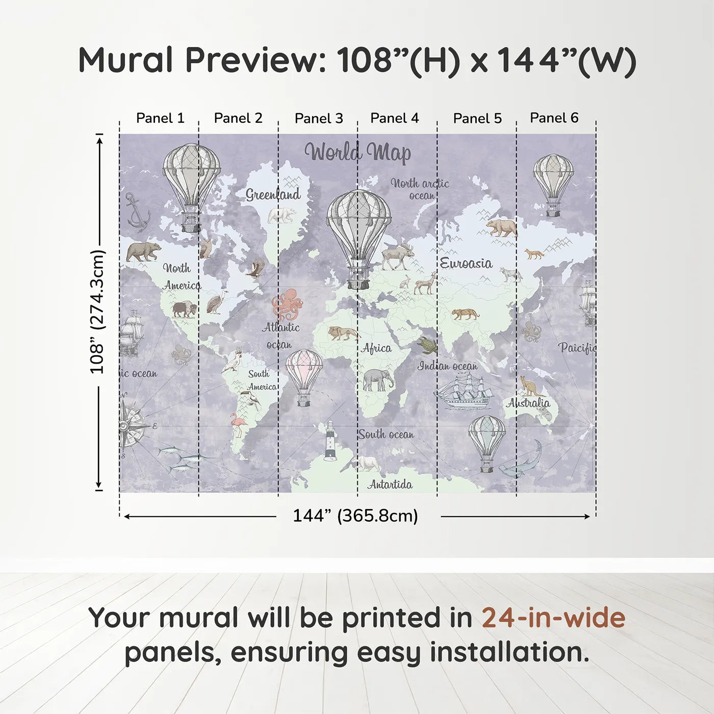 Whimsy Tots Vintage World Map Wall Mural in Graydimension view (108" H x 144" W). Printed in six 24-inch-wide panels. Gender-Neutral