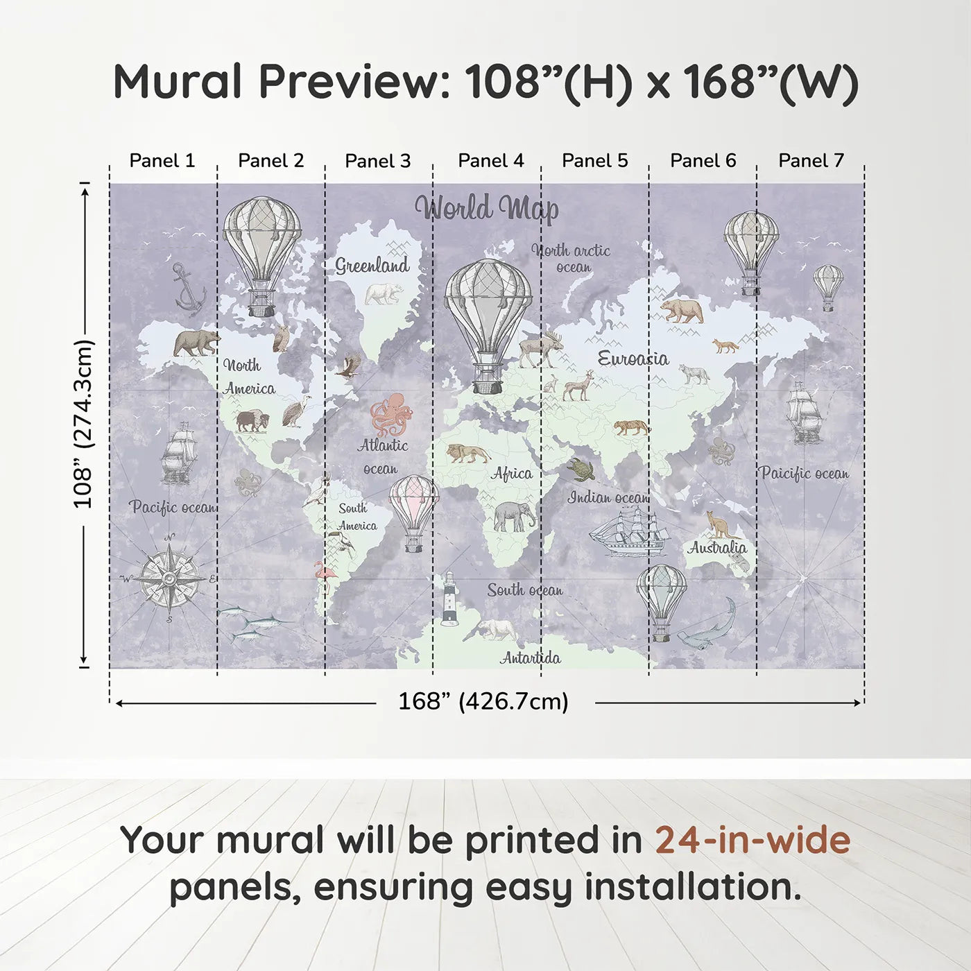Whimsy Tots Vintage World Map Wall Mural in Graydimension view (108" H x 168" W). Printed in seven 24-inch-wide panels. Gender-Neutral
