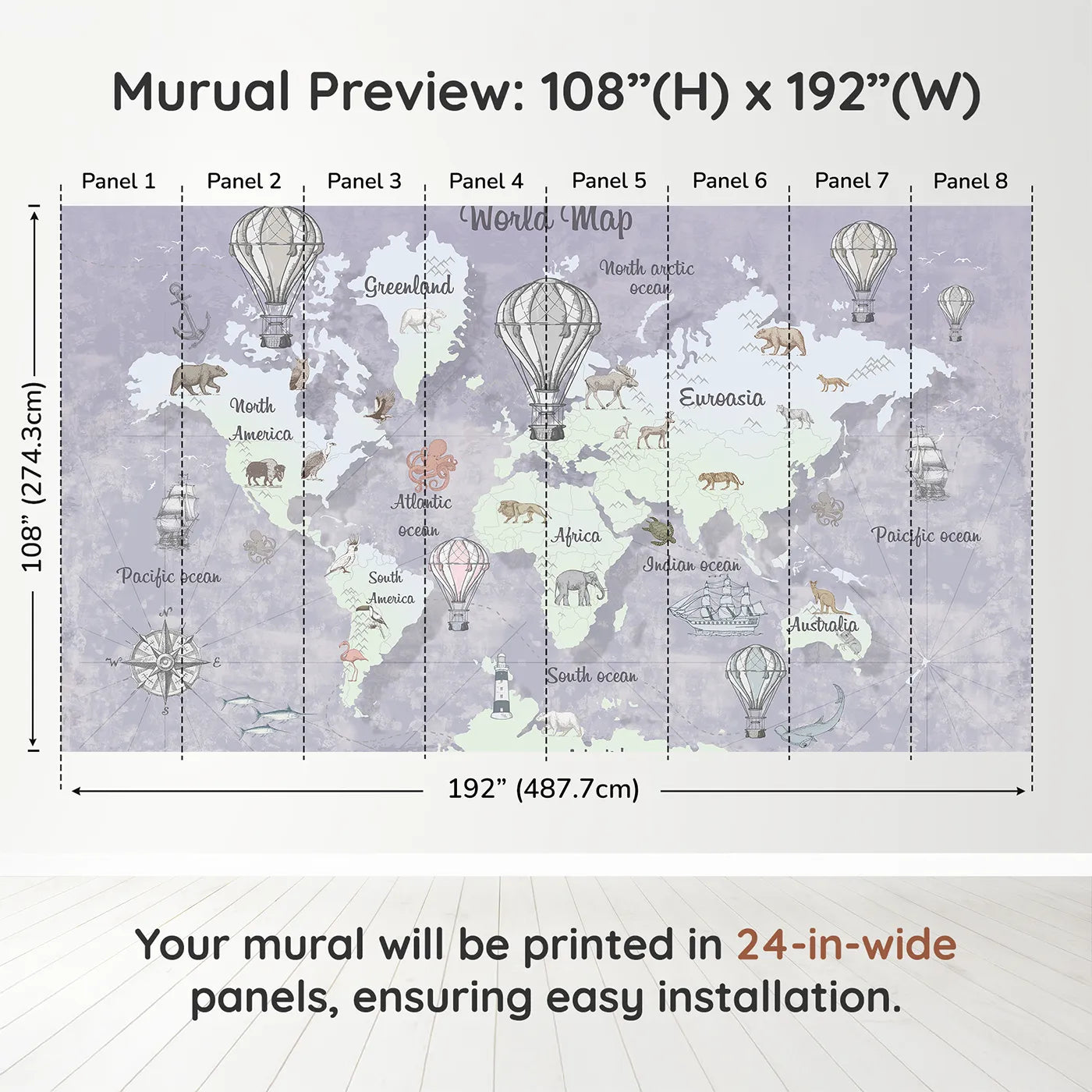 Whimsy Tots Vintage World Map Wall Mural in Graydimension view (108" H x 192" W). Printed in eight 24-inch-wide panels. Gender-Neutral