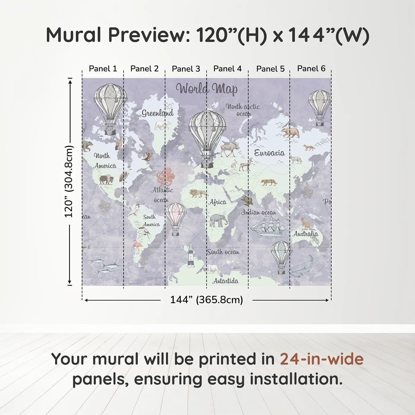 Whimsy Tots Vintage World Map Wall Mural in Graydimension view (120" H x 144" W). Printed in six 24-inch-wide panels. Gender-Neutral