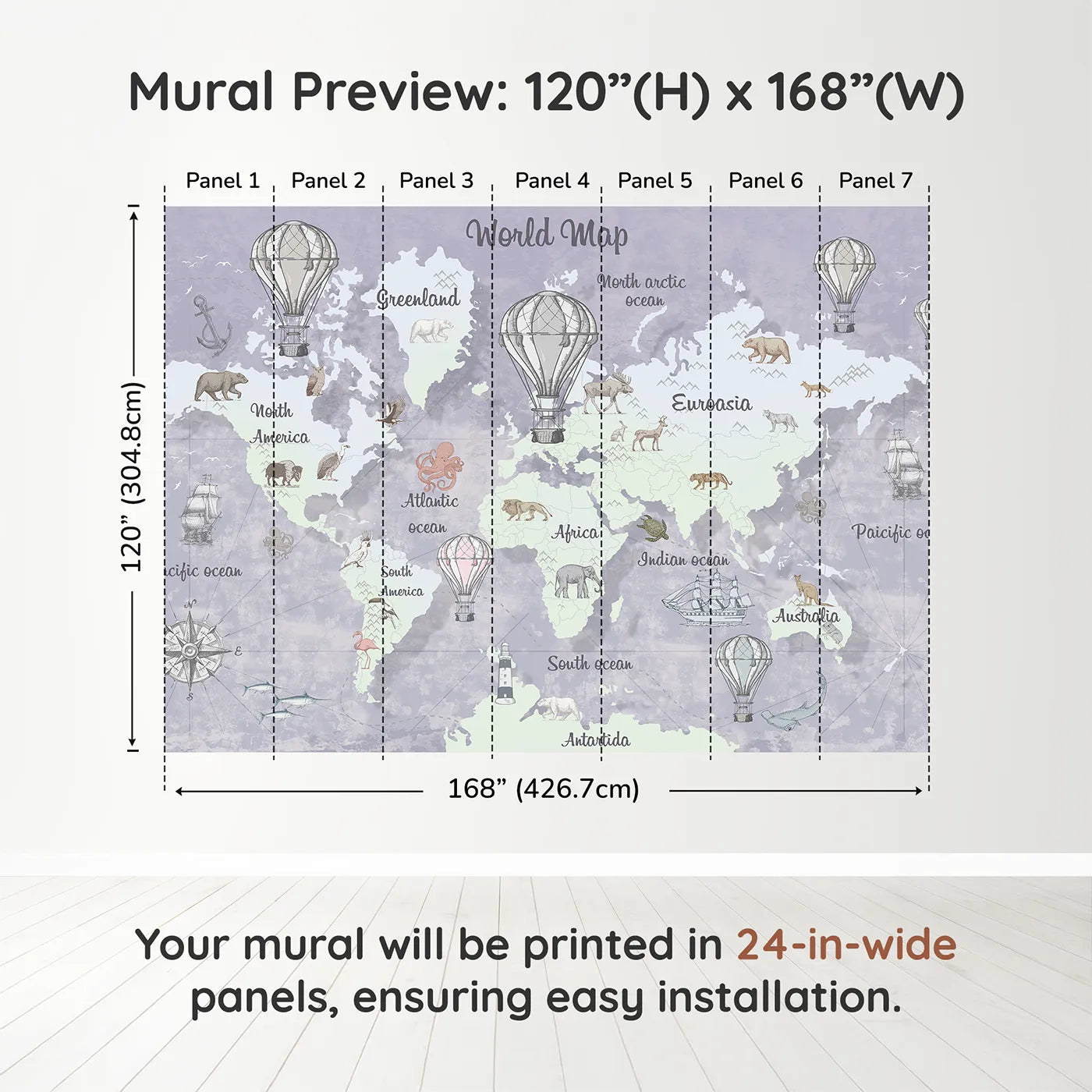 Whimsy Tots Vintage World Map Wall Mural in Graydimension view (120" H x 168" W). Printed in seven 24-inch-wide panels. Gender-Neutral