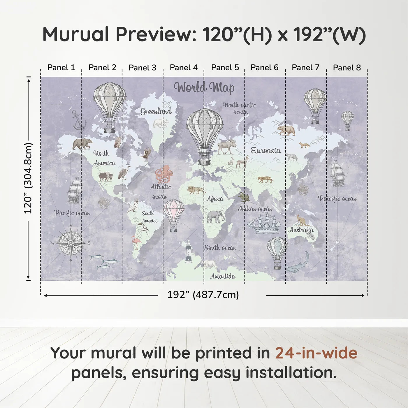 Whimsy Tots Vintage World Map Wall Mural in Graydimension view (120" H x 192" W). Printed in eight 24-inch-wide panels. Gender-Neutral