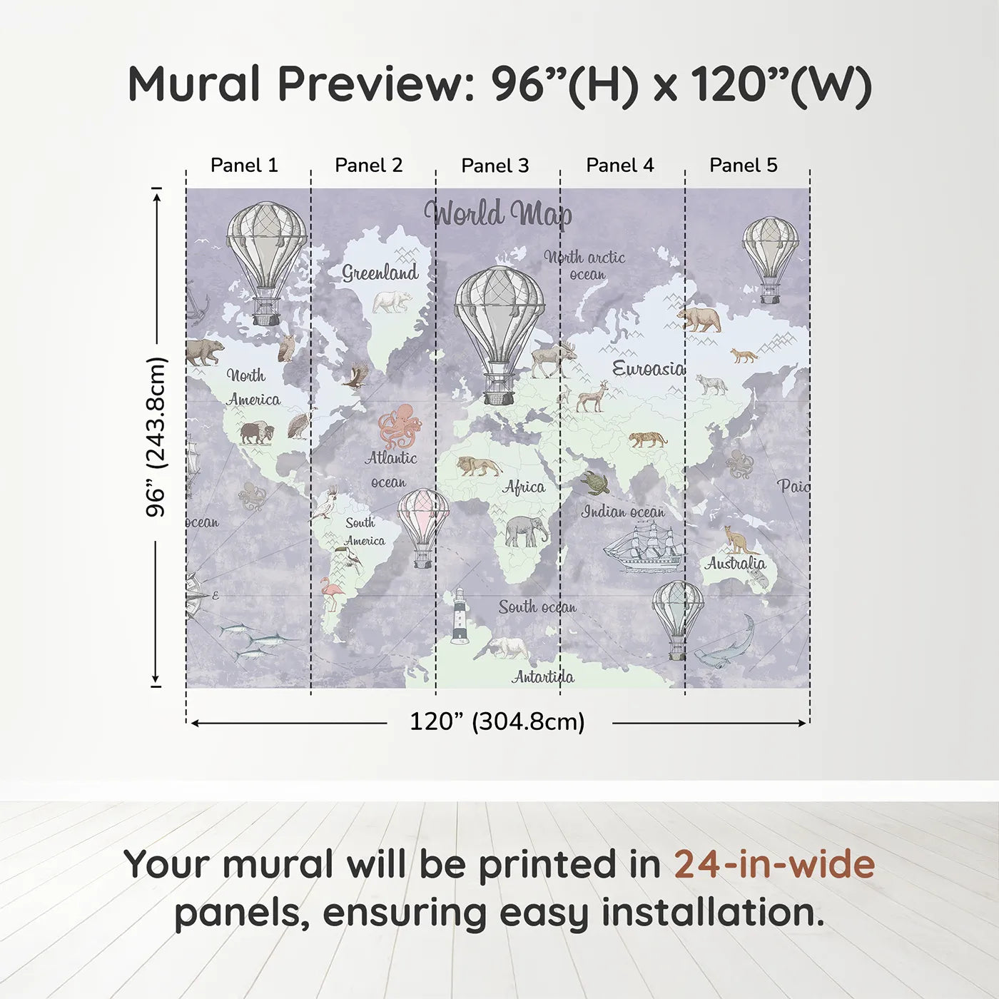 Whimsy Tots Vintage World Map Wall Mural in Graydimension view (96" H x 120" W). Printed in five 24-inch-wide panels. Gender-Neutral