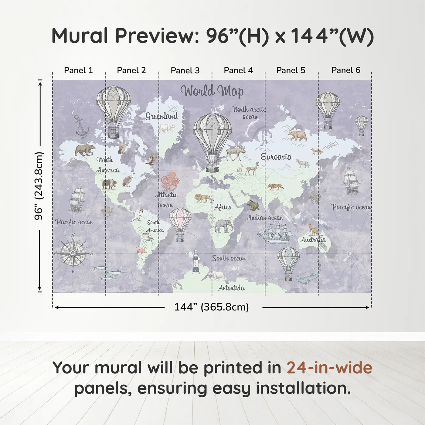 Whimsy Tots Vintage World Map Wall Mural in Graydimension view (96" H x 144" W). Printed in six 24-inch-wide panels. Gender-Neutral