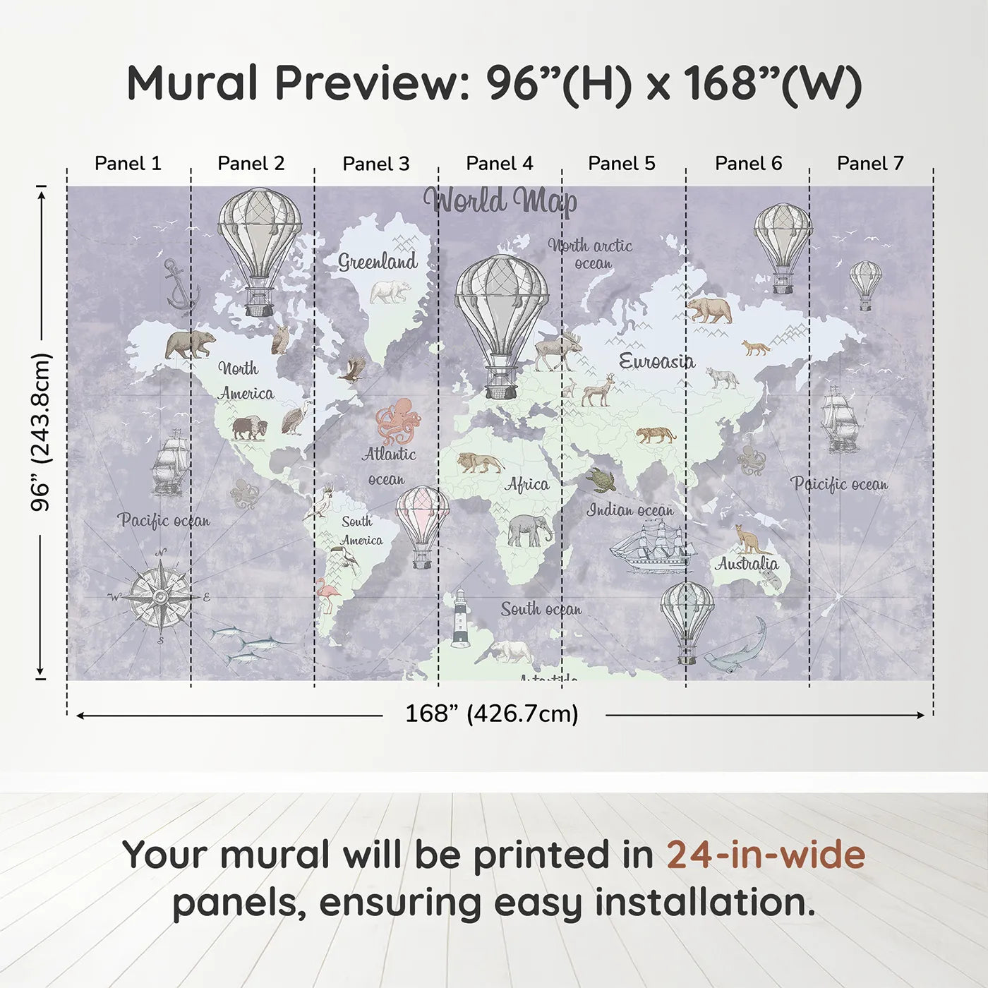 Whimsy Tots Vintage World Map Wall Mural in Graydimension view (96" H x 168" W). Printed in seven 24-inch-wide panels. Gender-Neutral