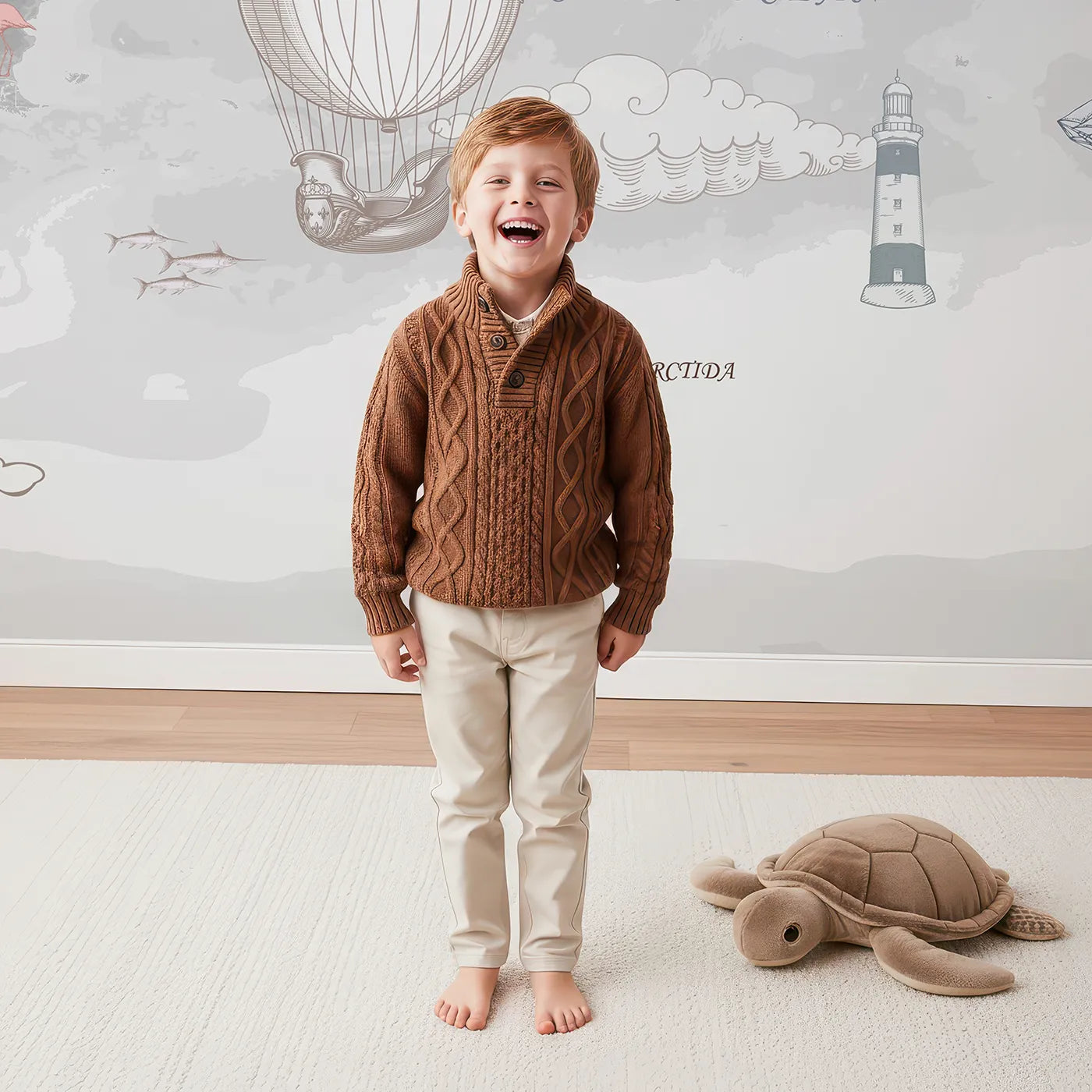 Child in front of Whimsy Tots Vintage Explorer's World Map Wall Mural with map, world, vintage, animal, travel, educational, ship, airship in design.