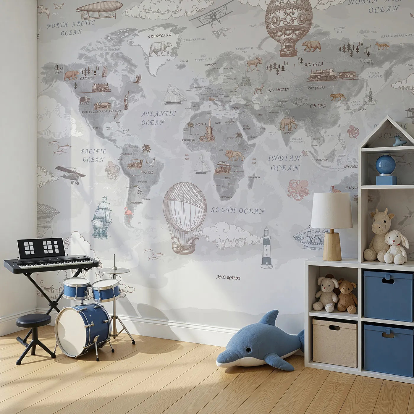 Angled view of Whimsy Tots' Vintage Explorer's World Map Wall Mural (Turn Their Room into a Grand, Old-World Adventure).Gender-Neutral