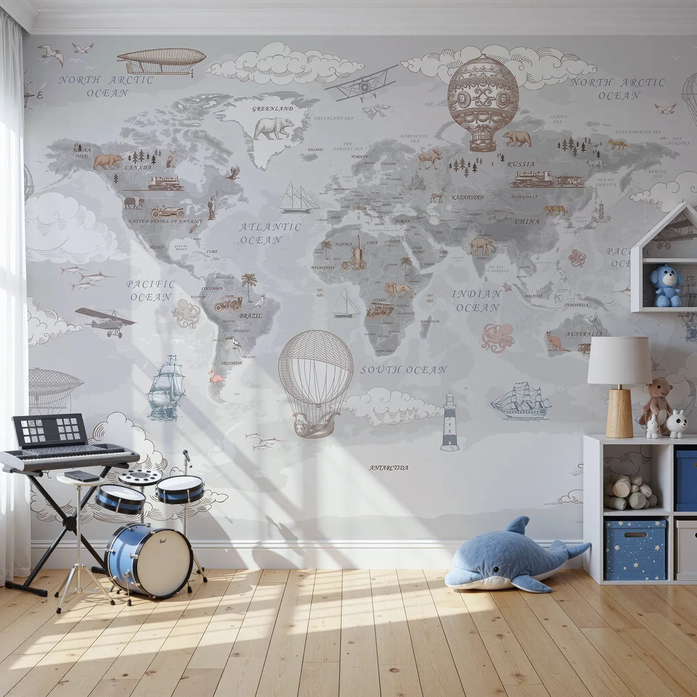 Front view of Whimsy Tots' Vintage Explorer's World Map Wall Mural