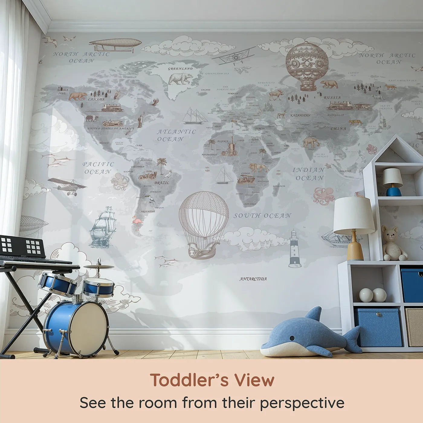 Whimsy Tots Vintage Explorer's World Map Wall Mural (Turn Their Room into a Grand, Old-World Adventure) from your child's view.Gender-Neutral