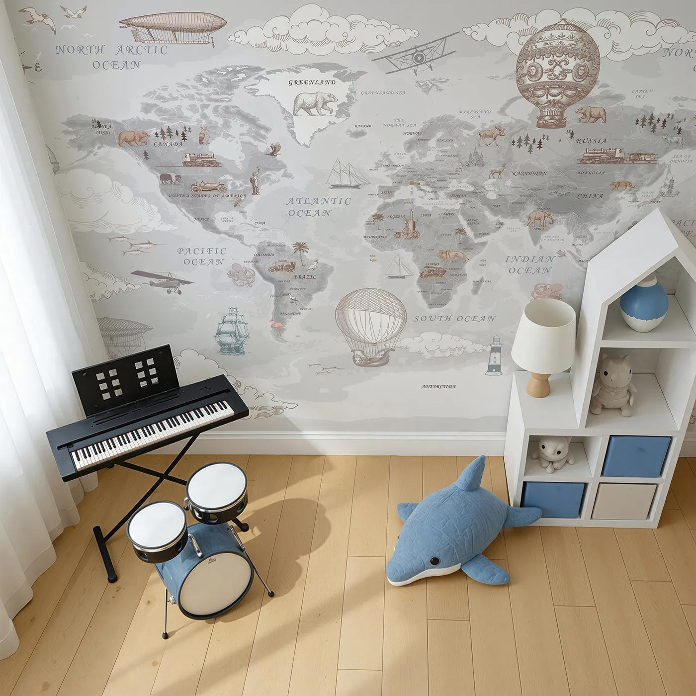 Top-down view of Whimsy Tots' Vintage Explorer's World Map Wall Mural (Turn Their Room into a Grand, Old-World Adventure).Gender-Neutral