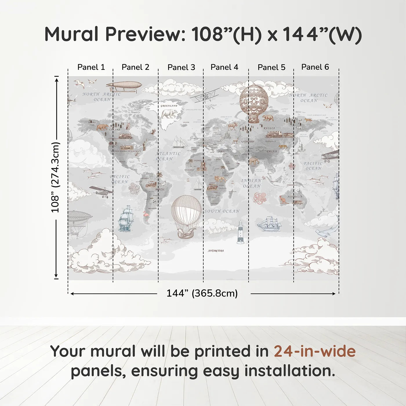 Whimsy Tots Vintage Explorer's World Map Wall Muraldimension view (108" H x 144" W). Printed in six 24-inch-wide panels. Gender-Neutral
