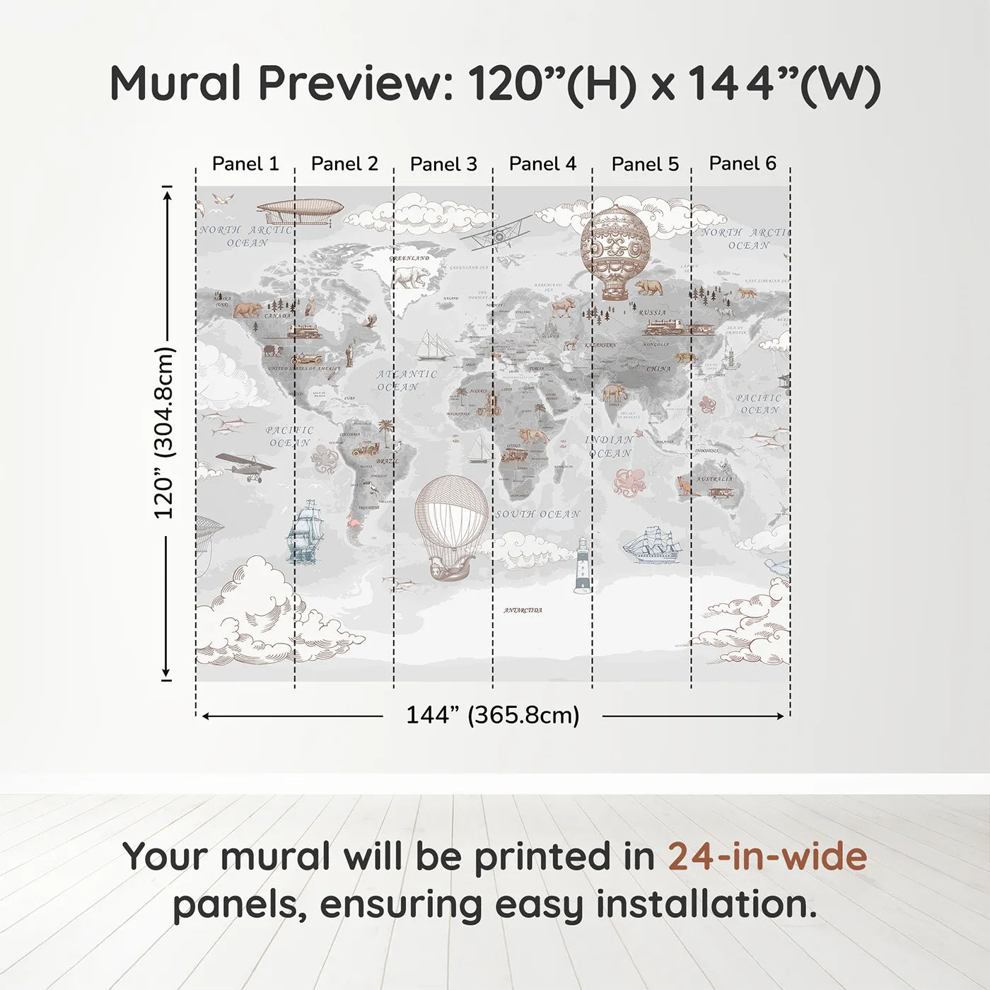 Whimsy Tots Vintage Explorer's World Map Wall Muraldimension view (120" H x 144" W). Printed in six 24-inch-wide panels. Gender-Neutral