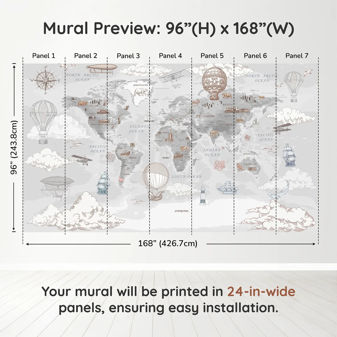 Whimsy Tots Vintage Explorer's World Map Wall Muraldimension view (96" H x 168" W). Printed in seven 24-inch-wide panels. Gender-Neutral