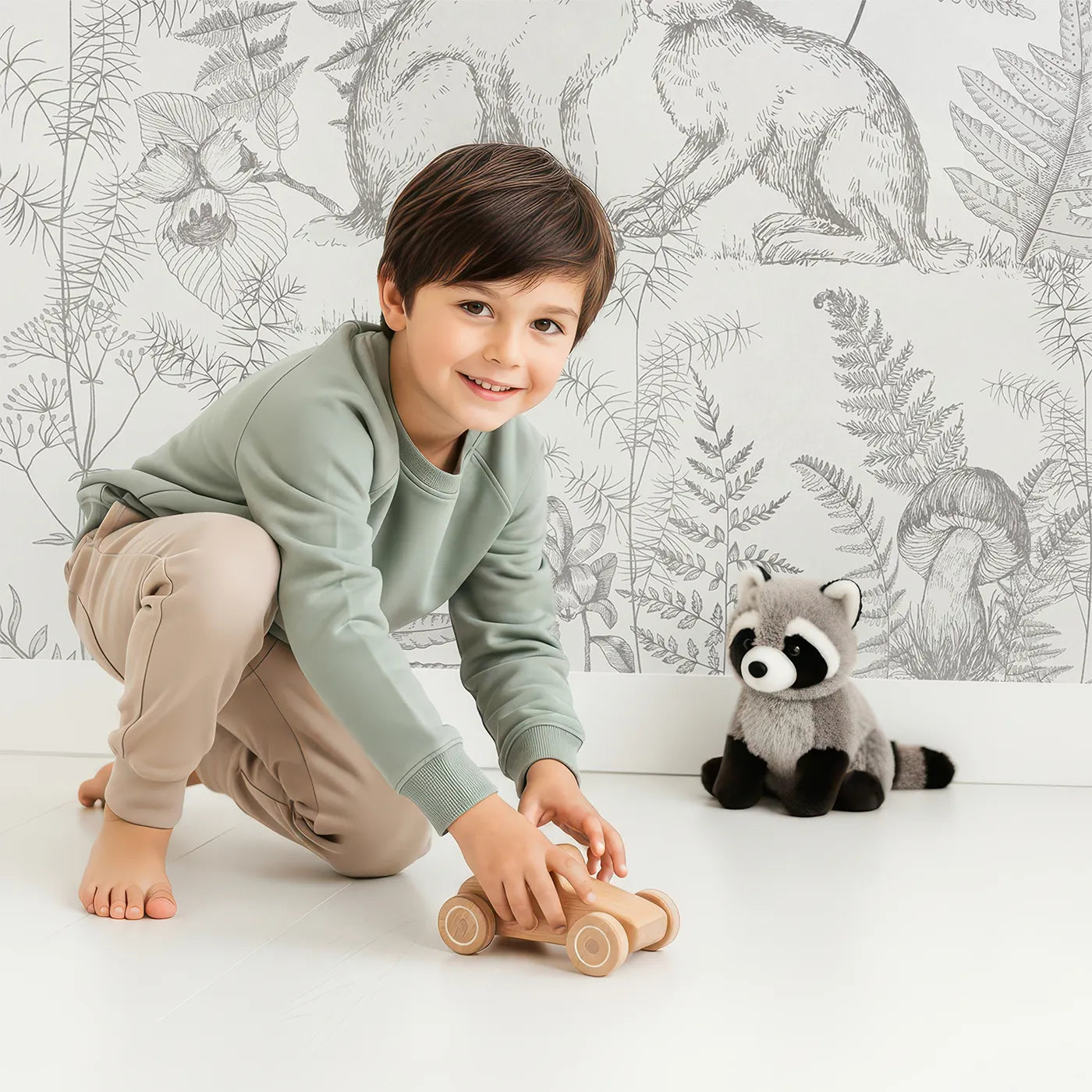 Child in front of Whimsy Tots Woodland Sketch Wall Mural with woodland, animal, sketch, black and white, forest, vintage, drawing, detailed in design.