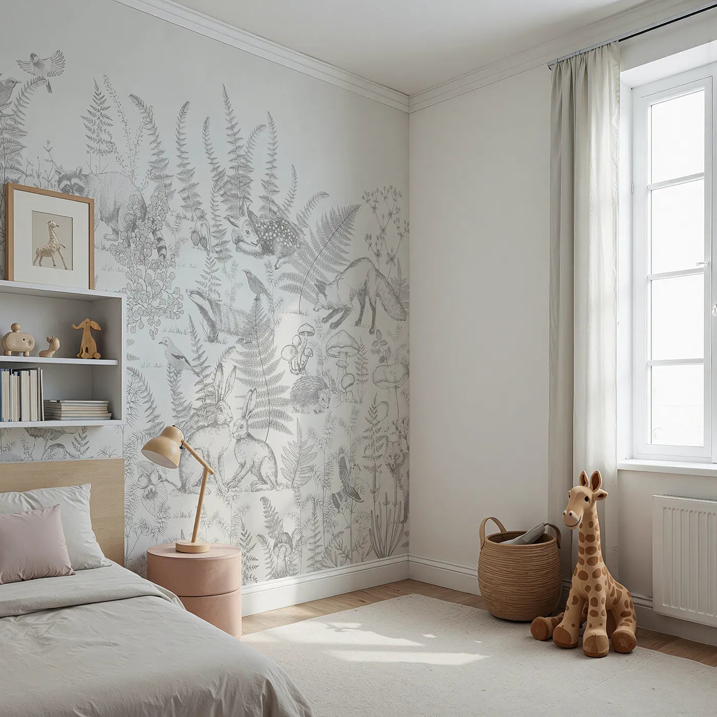 Angled view of Whimsy Tots' Woodland Sketch Wall Mural (Turn Their Room into a Page from a Classic Nature Book).Gender-Neutral