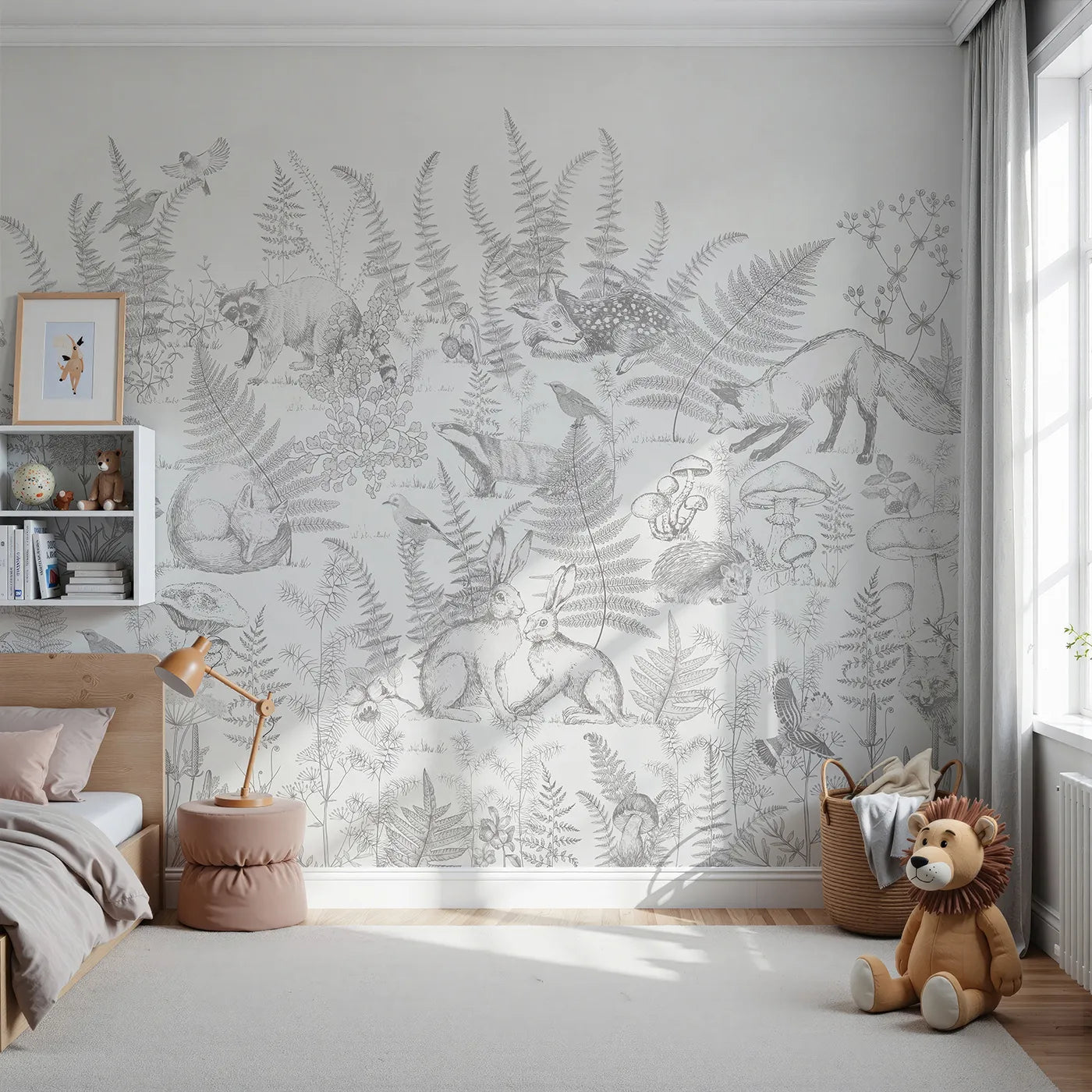 Front view of Whimsy Tots' Woodland Sketch Wall Mural