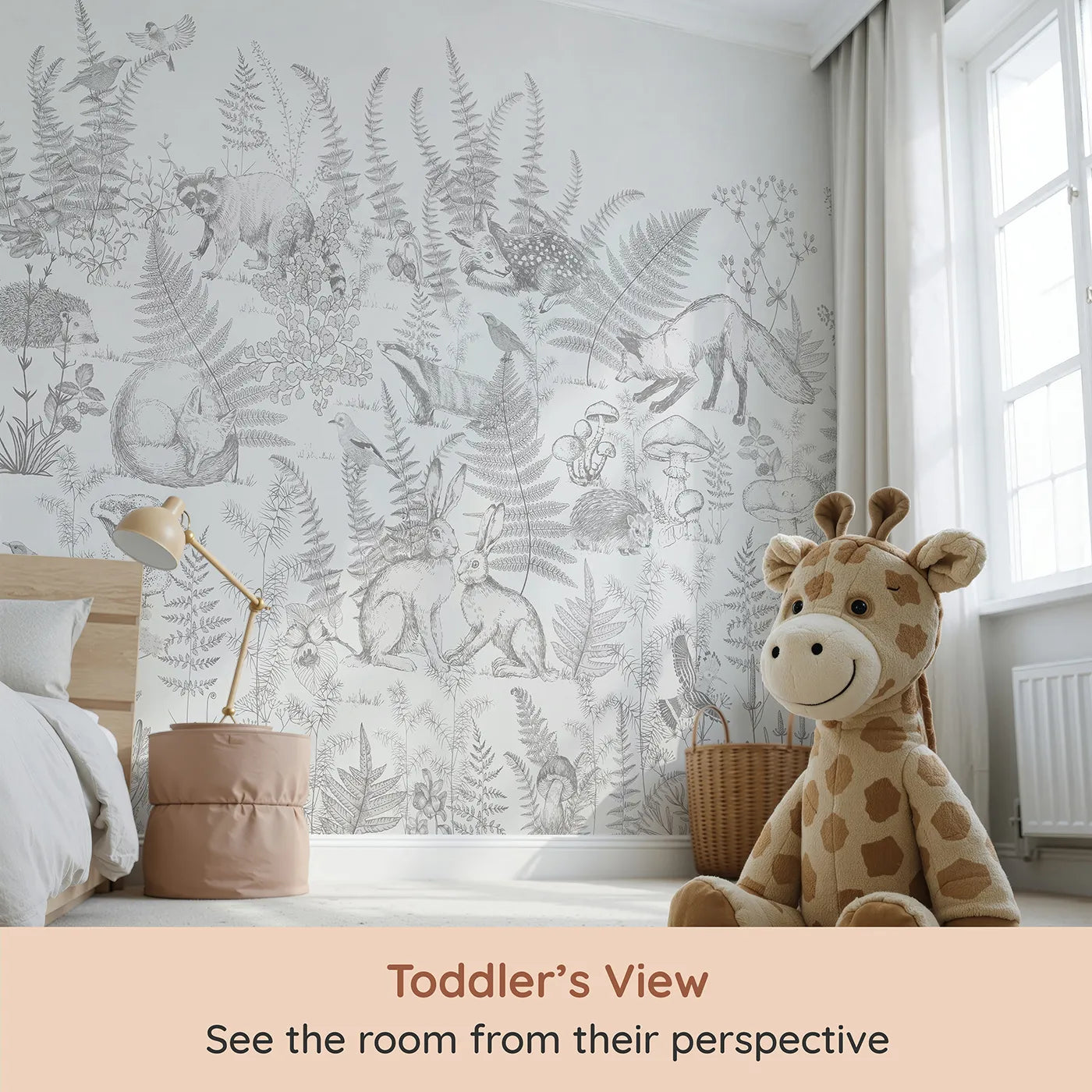 Whimsy Tots Woodland Sketch Wall Mural (Turn Their Room into a Page from a Classic Nature Book) from your child's view.Gender-Neutral