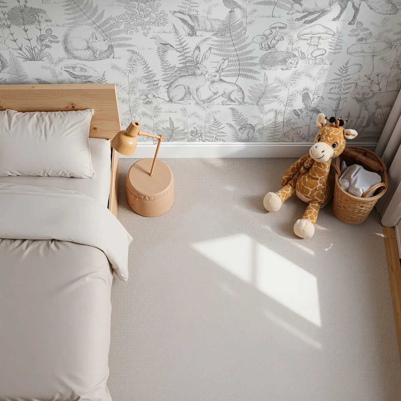 Top-down view of Whimsy Tots' Woodland Sketch Wall Mural (Turn Their Room into a Page from a Classic Nature Book).Gender-Neutral