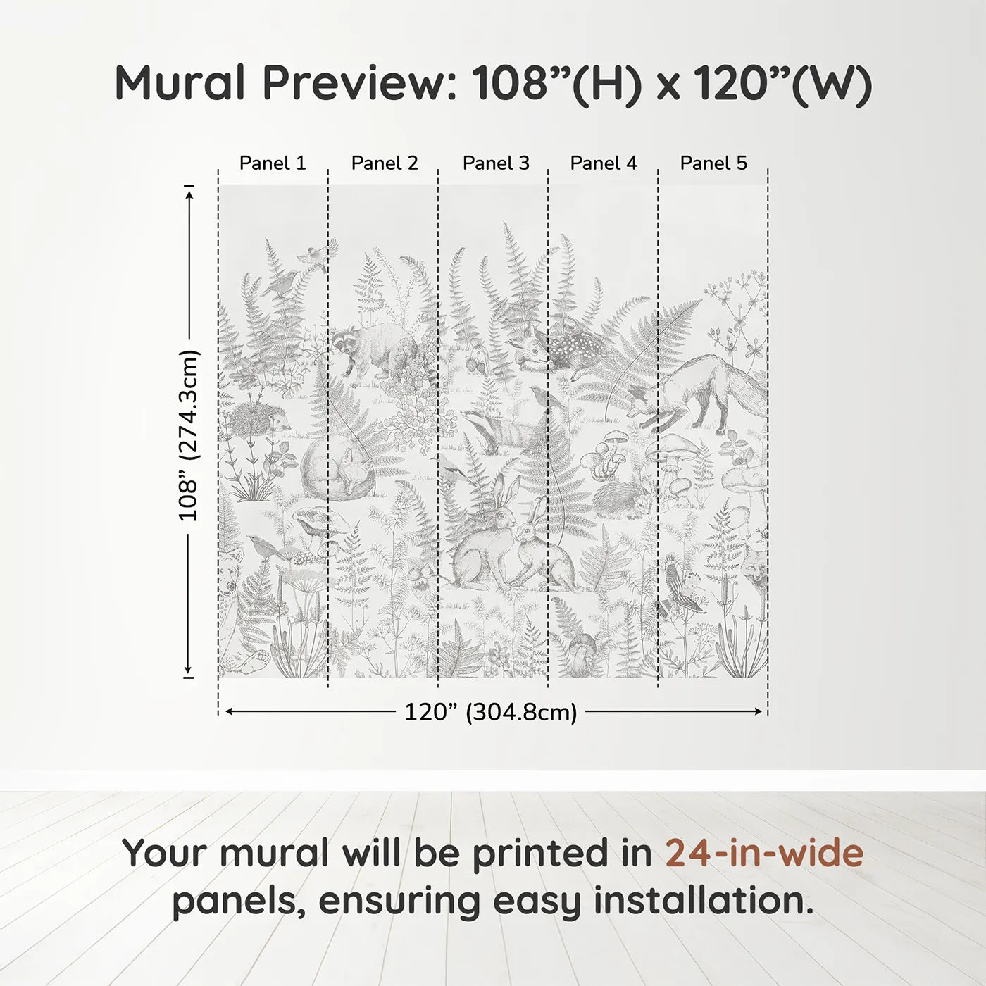 Whimsy Tots Woodland Sketch Wall Muraldimension view (108" H x 120" W). Printed in five 24-inch-wide panels. Gender-Neutral
