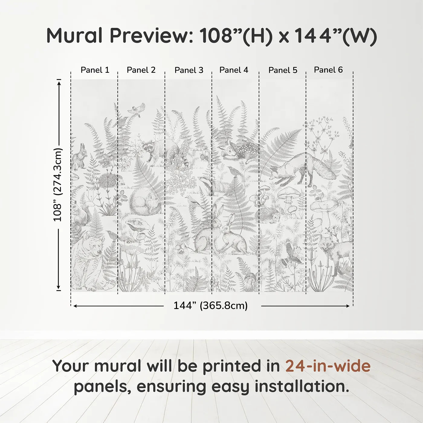 Whimsy Tots Woodland Sketch Wall Muraldimension view (108" H x 144" W). Printed in six 24-inch-wide panels. Gender-Neutral