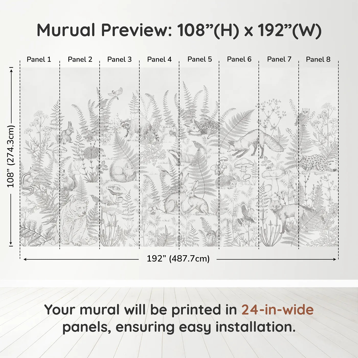Whimsy Tots Woodland Sketch Wall Muraldimension view (108" H x 192" W). Printed in eight 24-inch-wide panels. Gender-Neutral