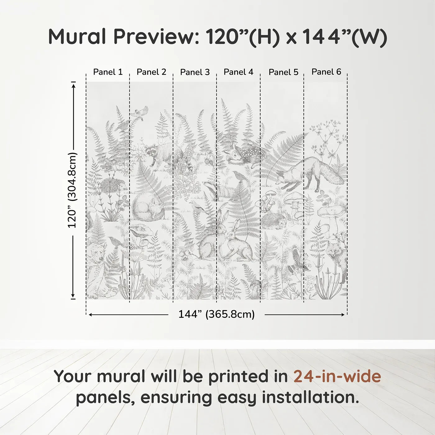 Whimsy Tots Woodland Sketch Wall Muraldimension view (120" H x 144" W). Printed in six 24-inch-wide panels. Gender-Neutral