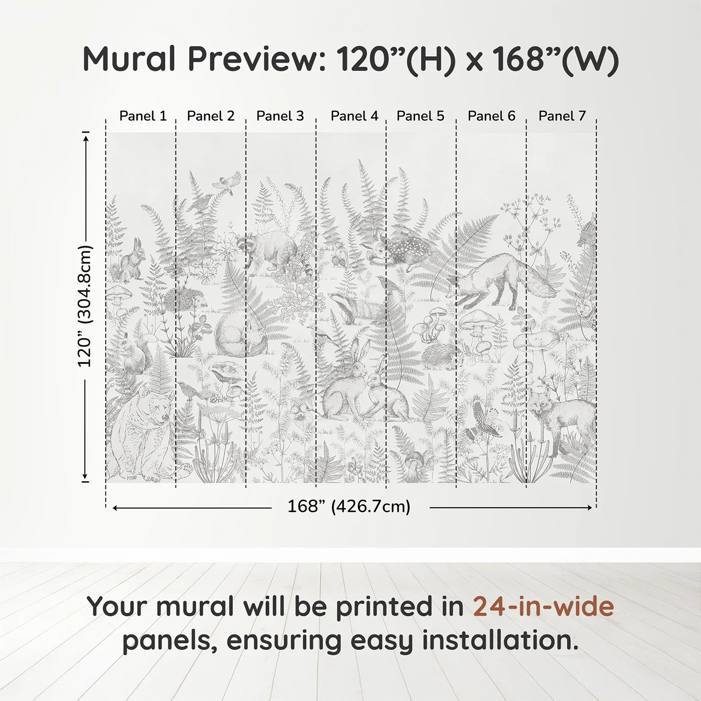 Whimsy Tots Woodland Sketch Wall Muraldimension view (120" H x 168" W). Printed in seven 24-inch-wide panels. Gender-Neutral