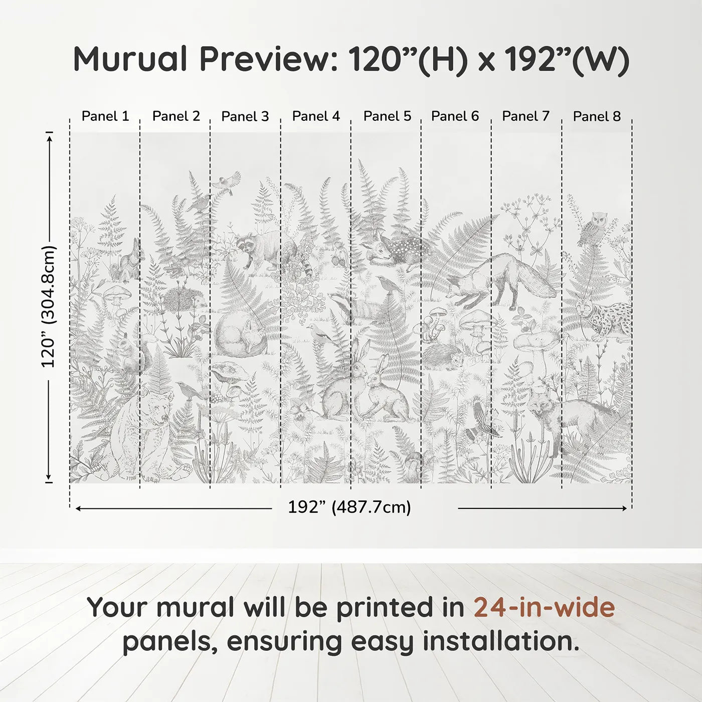 Whimsy Tots Woodland Sketch Wall Muraldimension view (120" H x 192" W). Printed in eight 24-inch-wide panels. Gender-Neutral