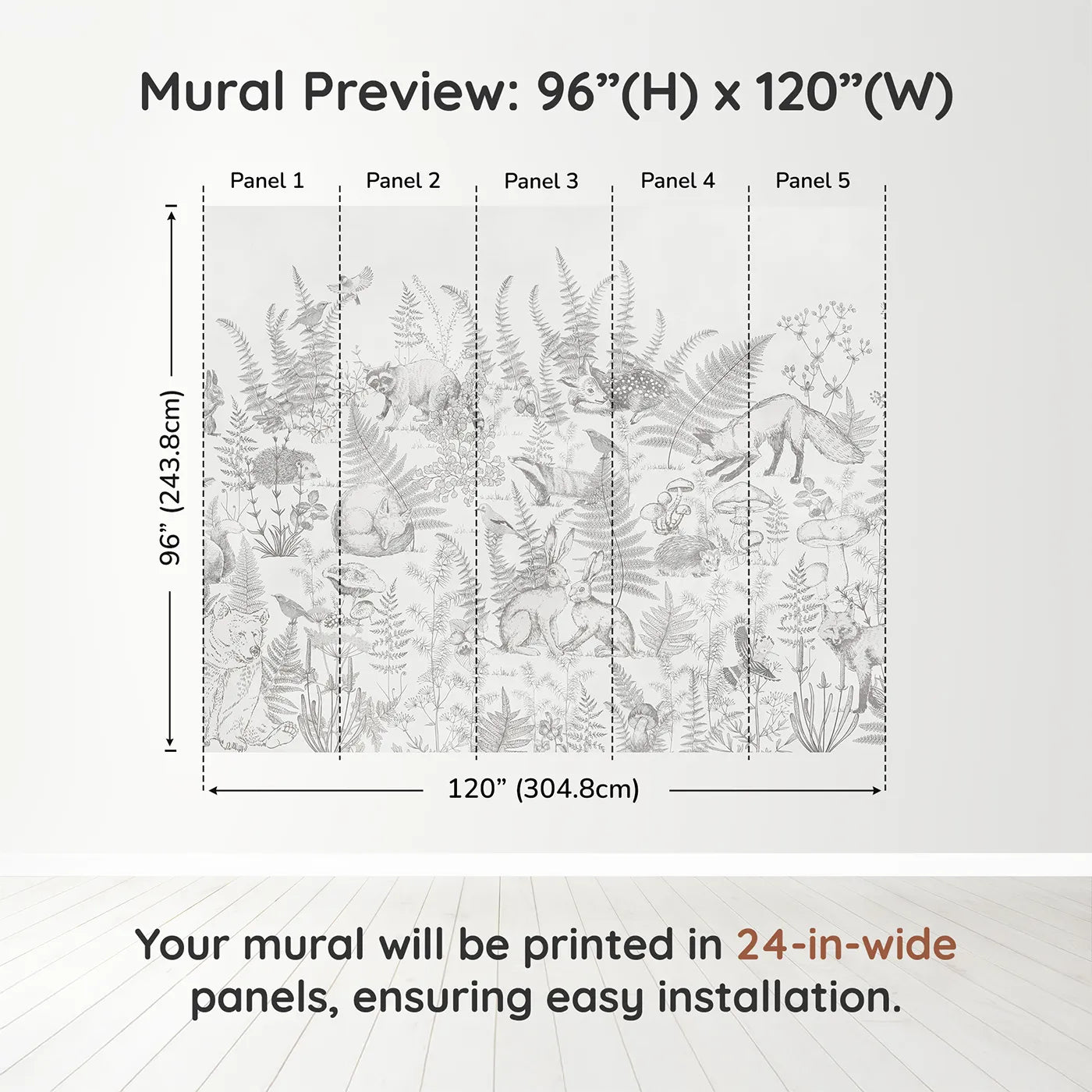 Whimsy Tots Woodland Sketch Wall Muraldimension view (96" H x 120" W). Printed in five 24-inch-wide panels. Gender-Neutral