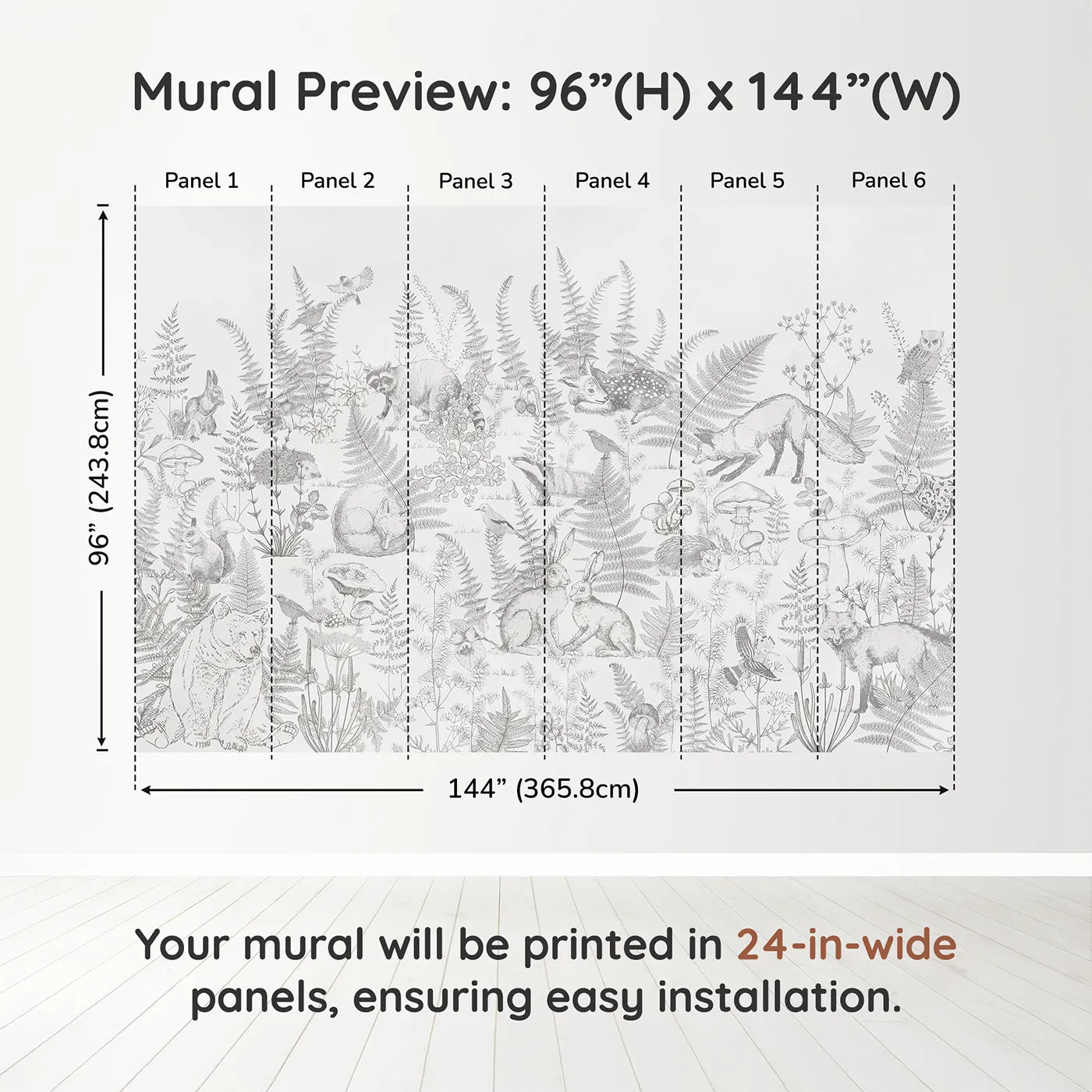 Whimsy Tots Woodland Sketch Wall Muraldimension view (96" H x 144" W). Printed in six 24-inch-wide panels. Gender-Neutral
