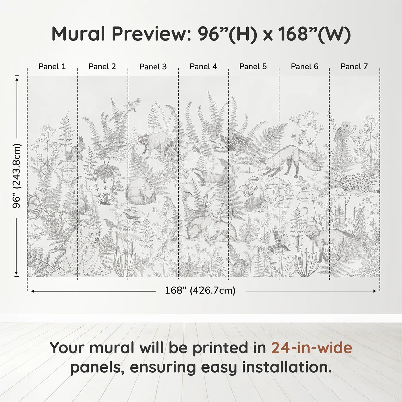 Whimsy Tots Woodland Sketch Wall Muraldimension view (96" H x 168" W). Printed in seven 24-inch-wide panels. Gender-Neutral