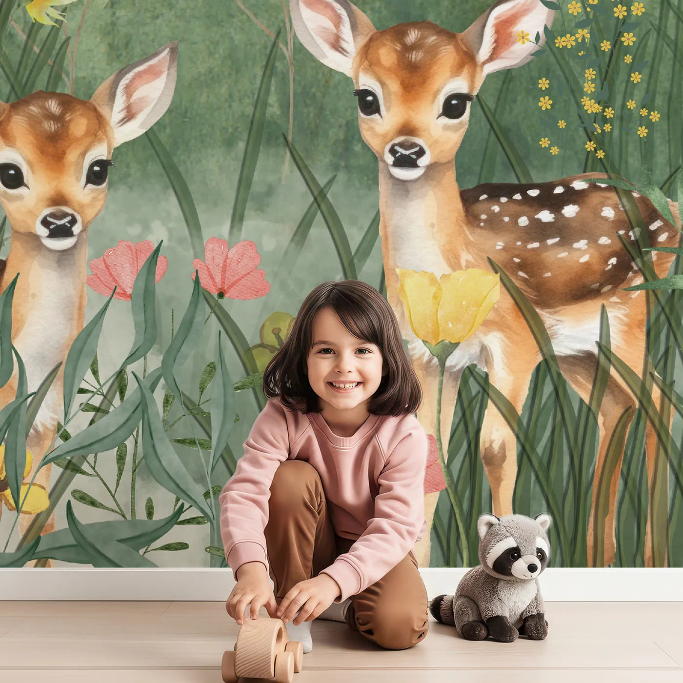 Child in front of Whimsy Tots Deer Family Meadow Wall Mural with deer, fawn, animal, flower, meadow, cute, realistic, woodland in design.
