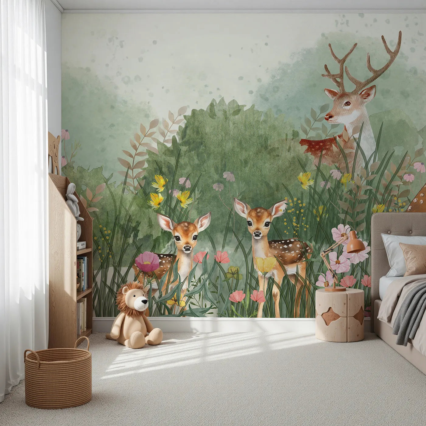 Front view of Whimsy Tots' Deer Family Meadow Wall Mural