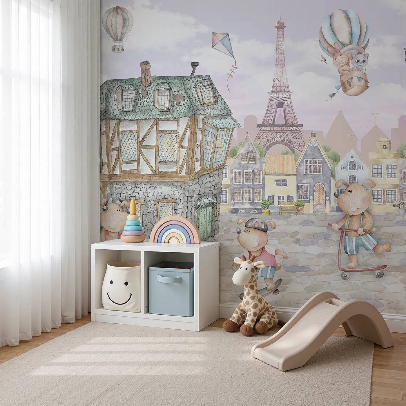 Angled view of Whimsy Tots' Whimsical Paris Adventure Wall Mural (Turn Their Room into a Dreamy, High-Flying Trip to Paris).Gender-Neutral