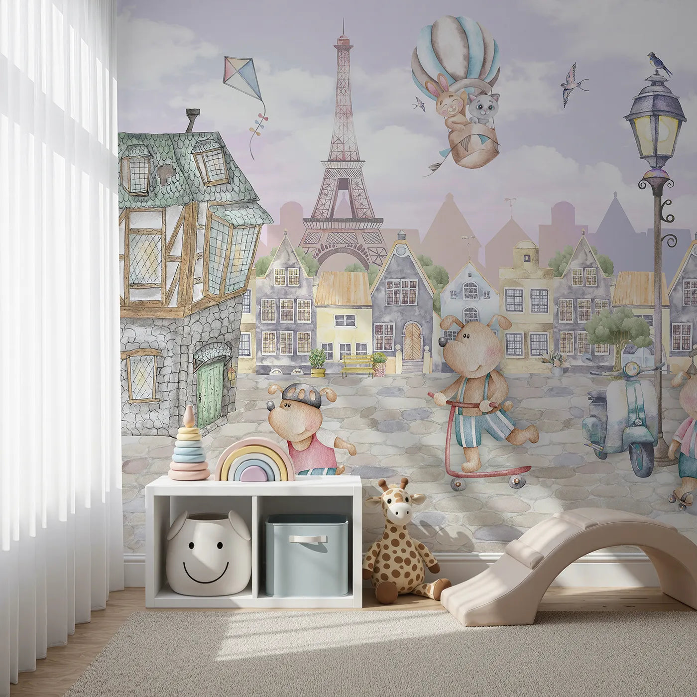 Front view of Whimsy Tots' Whimsical Paris Adventure Wall Mural