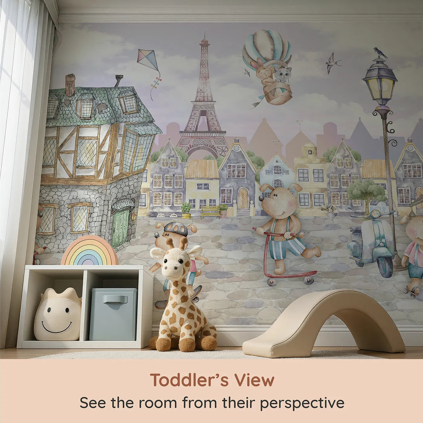 Whimsy Tots Whimsical Paris Adventure Wall Mural (Turn Their Room into a Dreamy, High-Flying Trip to Paris) from your child's view.Gender-Neutral