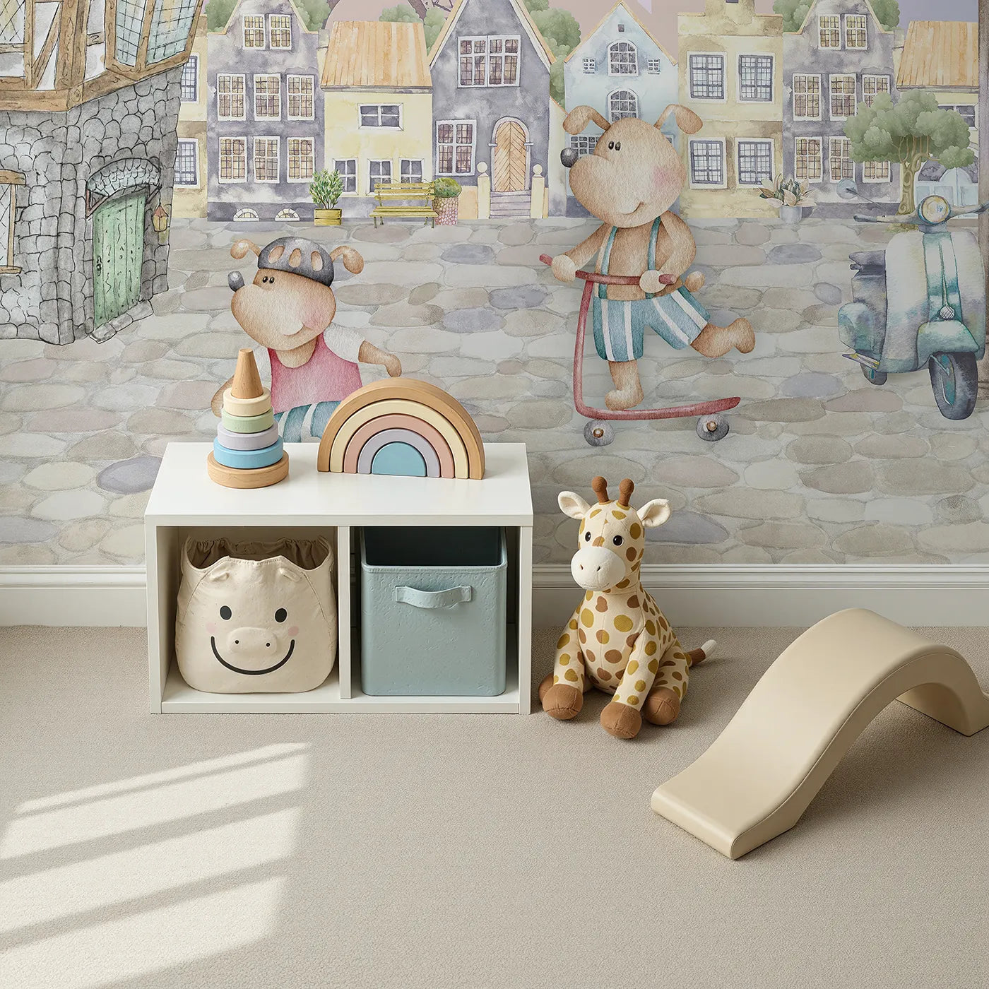 Top-down view of Whimsy Tots' Whimsical Paris Adventure Wall Mural (Turn Their Room into a Dreamy, High-Flying Trip to Paris).Gender-Neutral