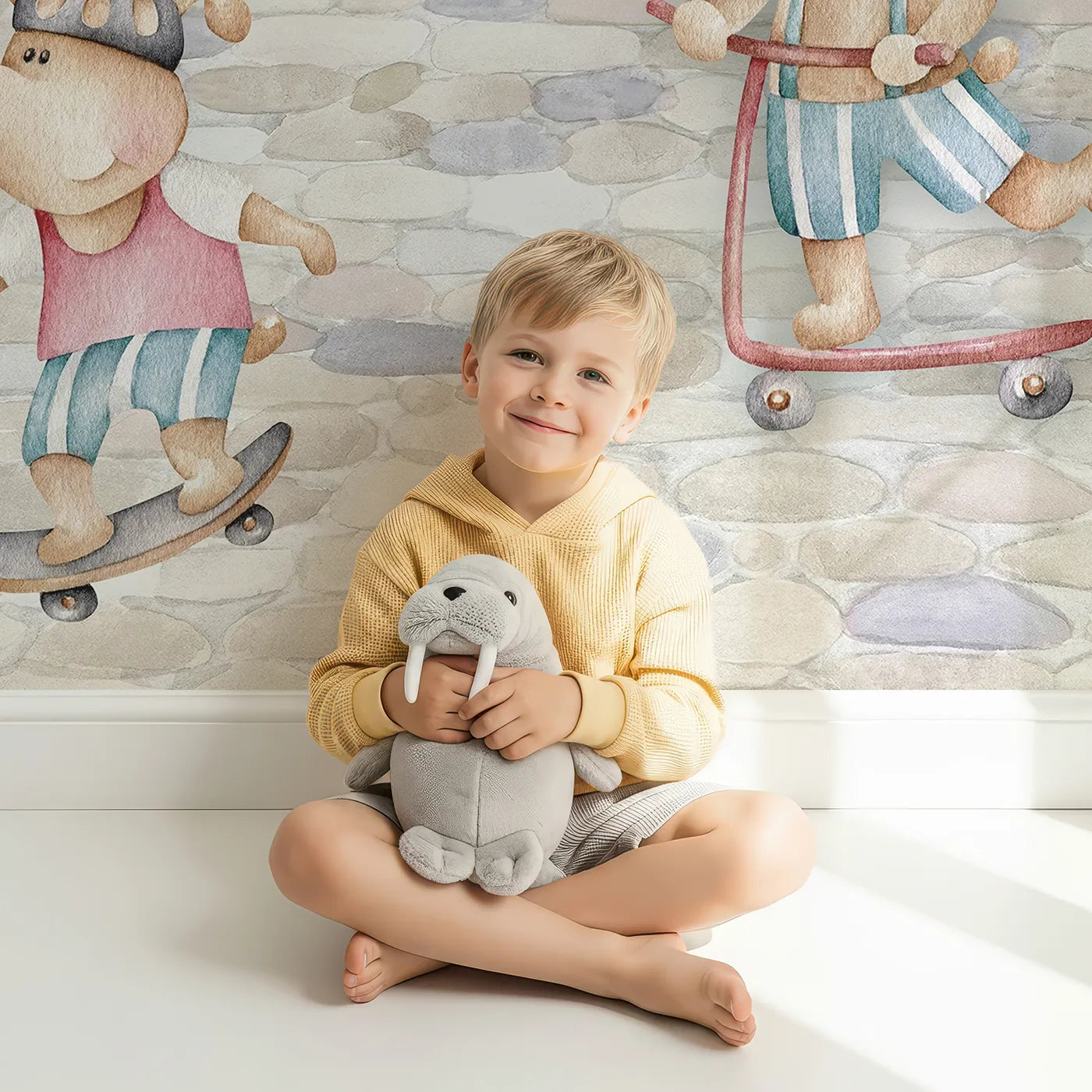 Child in front of Whimsy Tots Whimsical Paris Adventure Wall Mural with paris, cute, animal, whimsical, eiffel tower, purple, romantic, city in design.