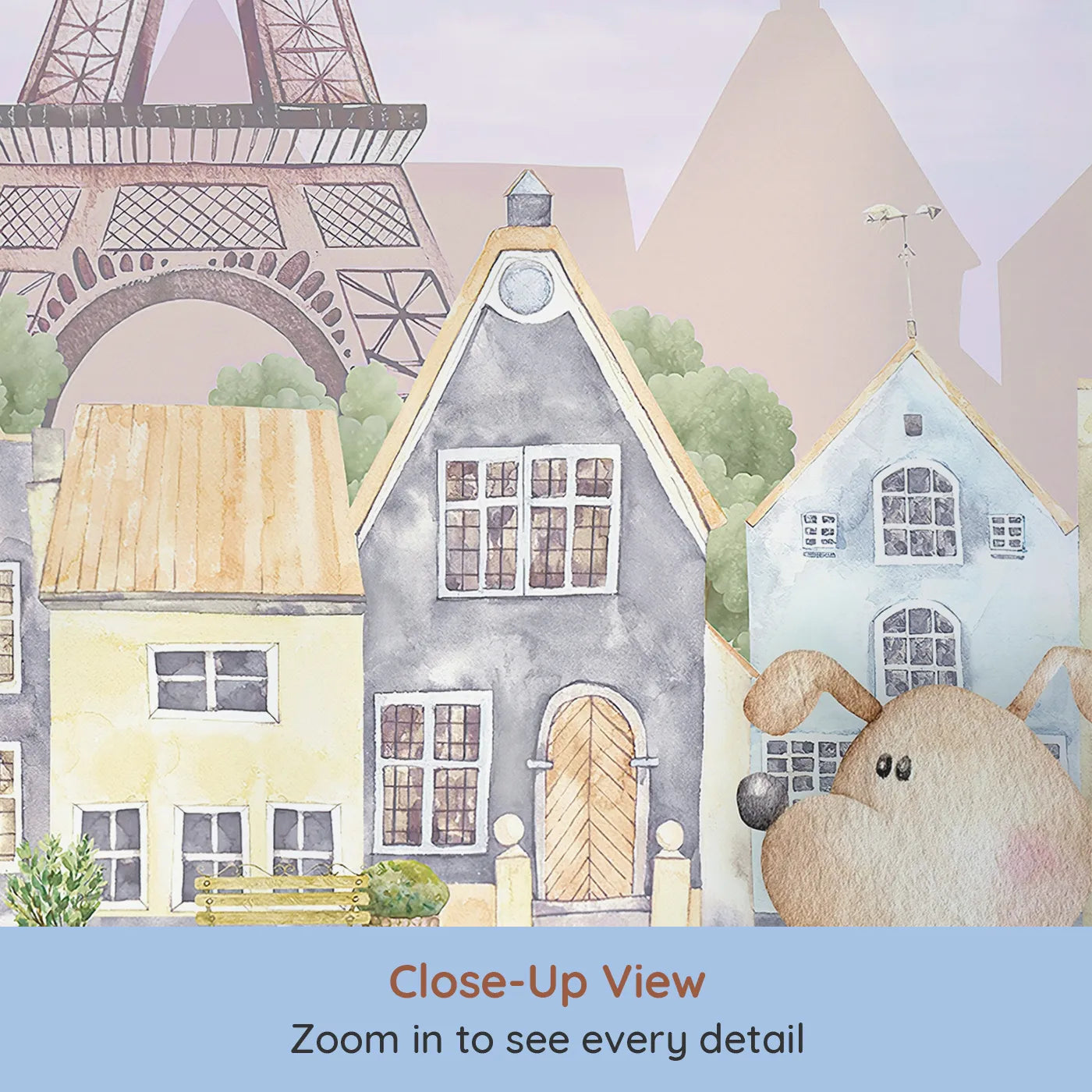 Close-up view of Whimsy Tots' Whimsical Paris Adventure Wall Mural (Turn Their Room into a Dreamy, High-Flying Trip to Paris).Gender-Neutral