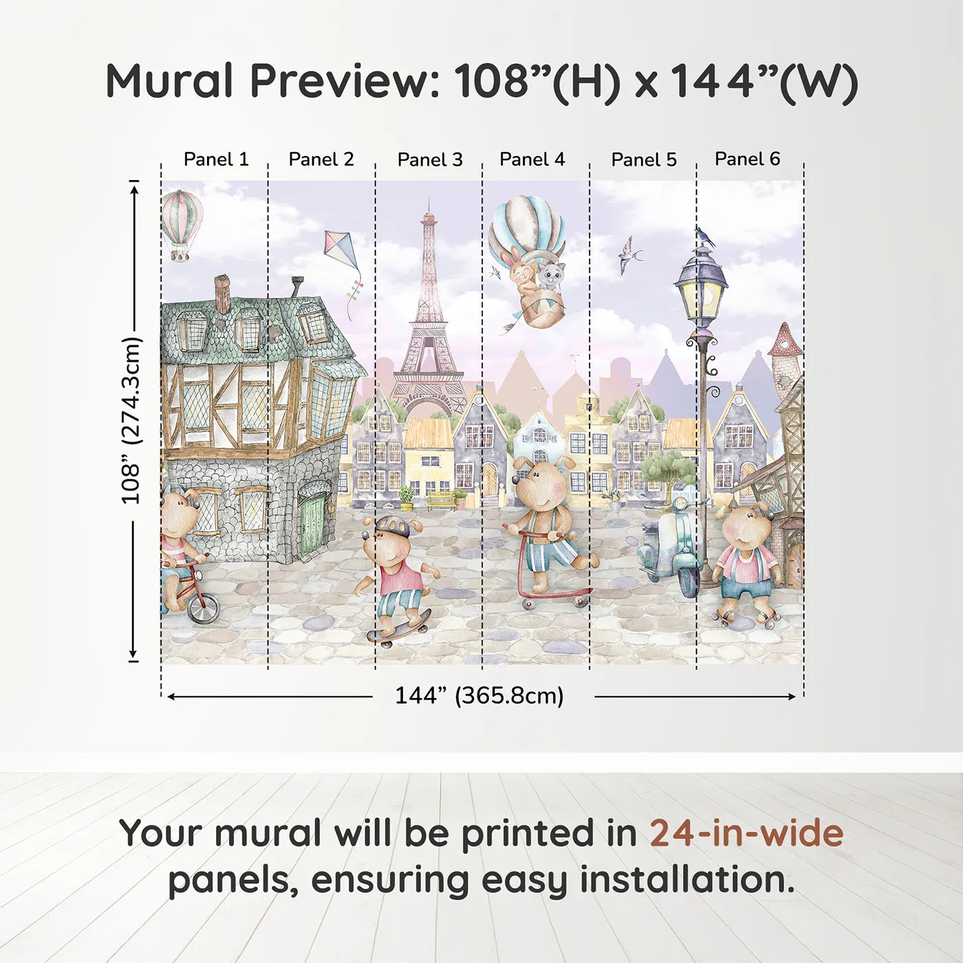 Whimsy Tots Whimsical Paris Adventure Wall Muraldimension view (108" H x 144" W). Printed in six 24-inch-wide panels. Gender-Neutral