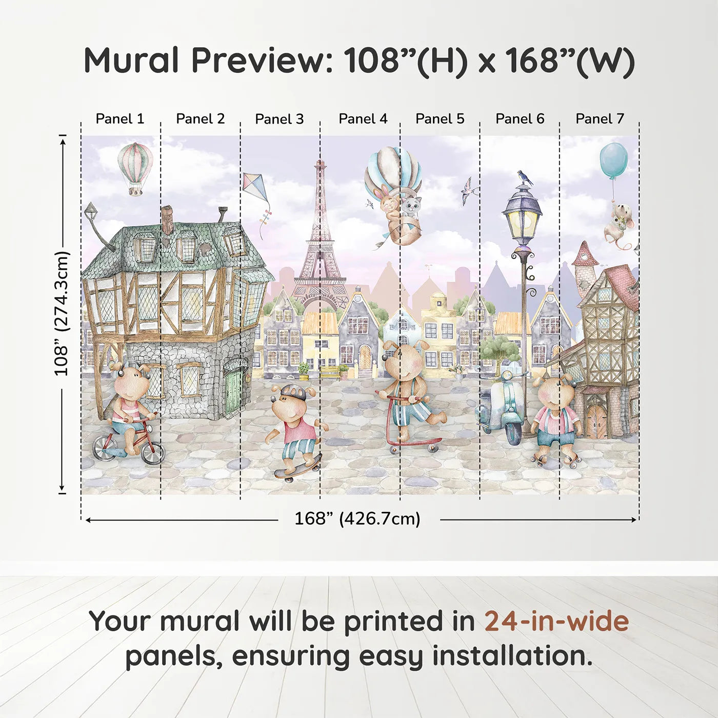 Whimsy Tots Whimsical Paris Adventure Wall Muraldimension view (108" H x 168" W). Printed in seven 24-inch-wide panels. Gender-Neutral
