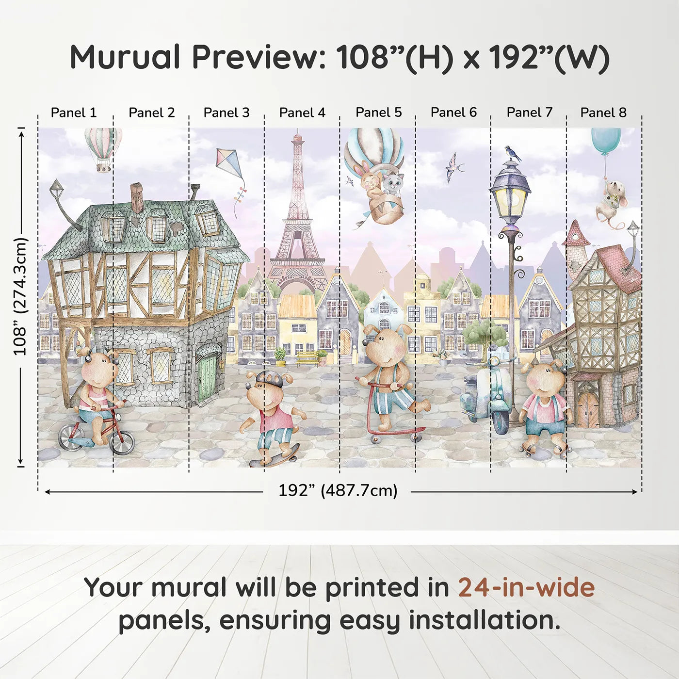 Whimsy Tots Whimsical Paris Adventure Wall Muraldimension view (108" H x 192" W). Printed in eight 24-inch-wide panels. Gender-Neutral