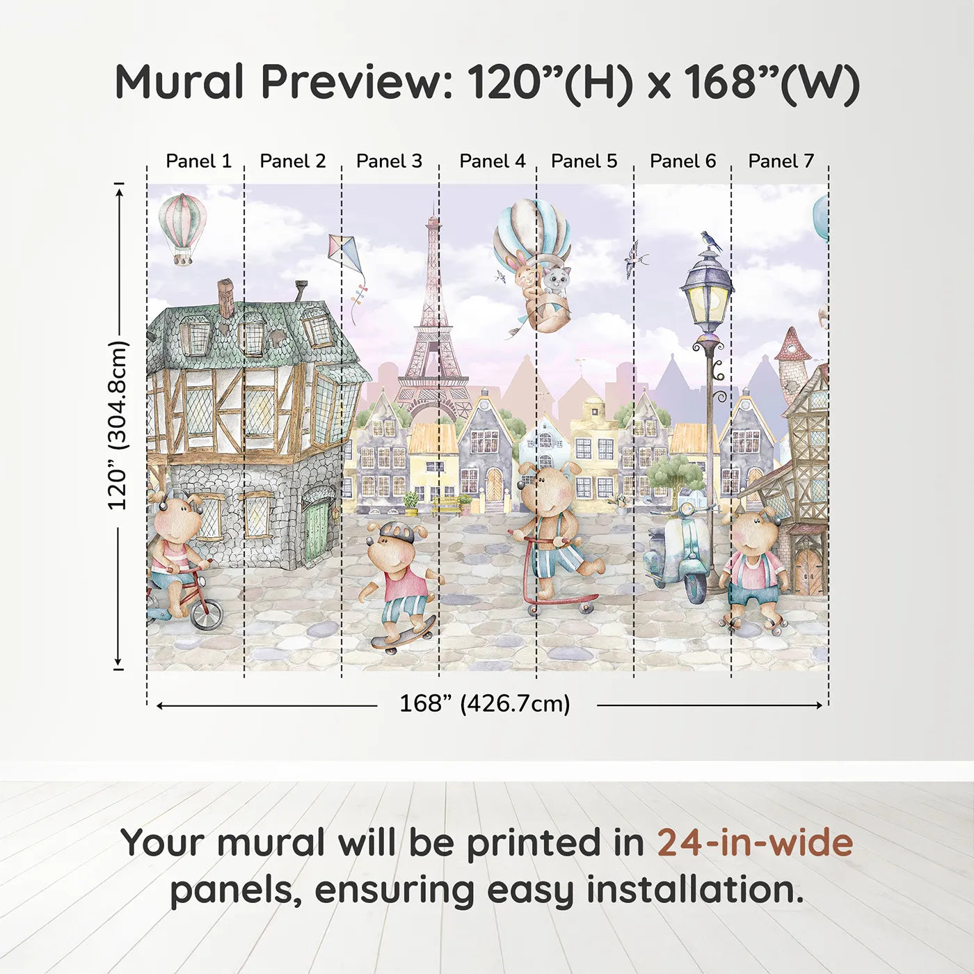 Whimsy Tots Whimsical Paris Adventure Wall Muraldimension view (120" H x 168" W). Printed in seven 24-inch-wide panels. Gender-Neutral
