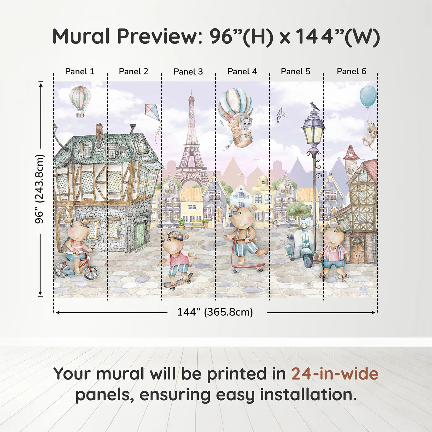 Whimsy Tots Whimsical Paris Adventure Wall Muraldimension view (96" H x 144" W). Printed in six 24-inch-wide panels. Gender-Neutral