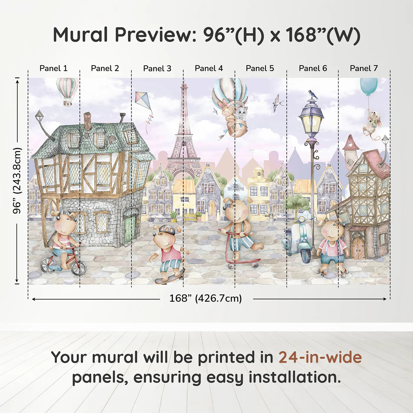 Whimsy Tots Whimsical Paris Adventure Wall Muraldimension view (96" H x 168" W). Printed in seven 24-inch-wide panels. Gender-Neutral