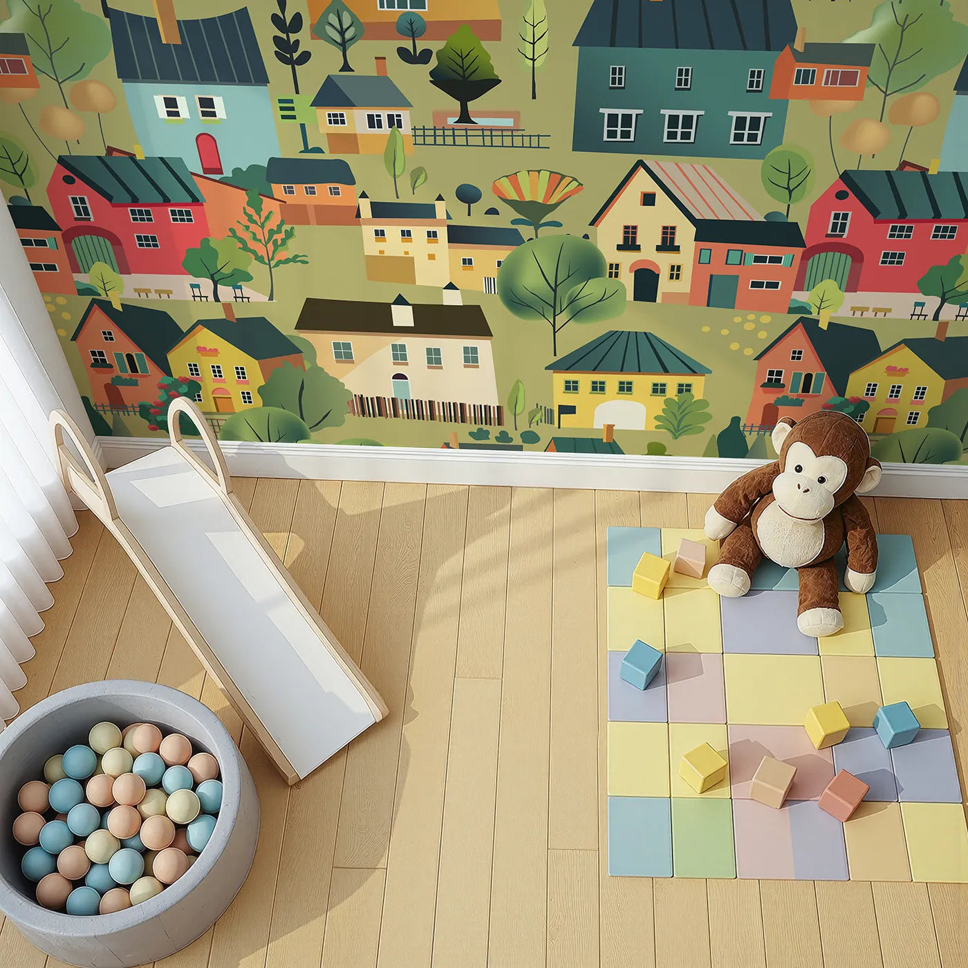 Top-down view of Whimsy Tots' Colorful Village Wall Mural (Turn Their Room into a Cozy, Bustling European Town).Gender-Neutral