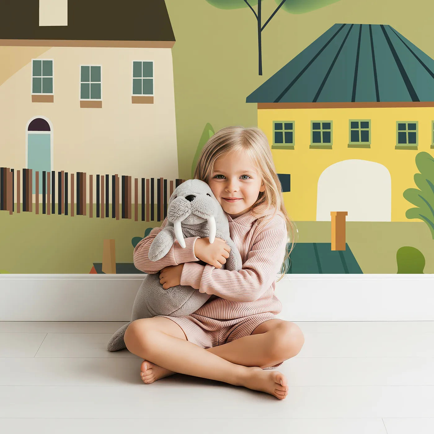 Child in front of Whimsy Tots Colorful Village Wall Mural with house, town, village, colorful, cartoon, european, city, pattern in design.