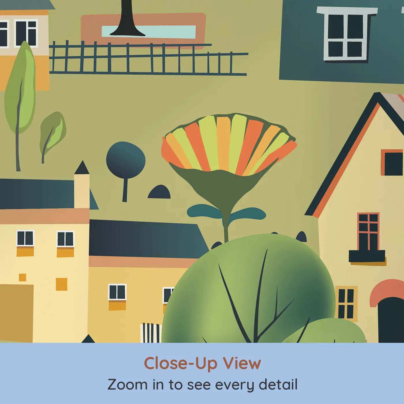 Close-up view of Whimsy Tots' Colorful Village Wall Mural (Turn Their Room into a Cozy, Bustling European Town).Gender-Neutral
