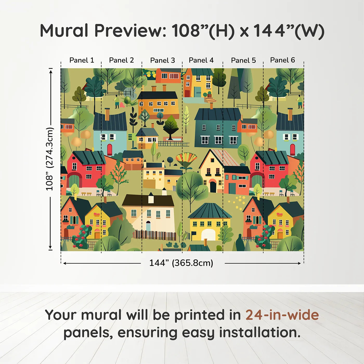Whimsy Tots Colorful Village Wall Muraldimension view (108" H x 144" W). Printed in six 24-inch-wide panels. Gender-Neutral